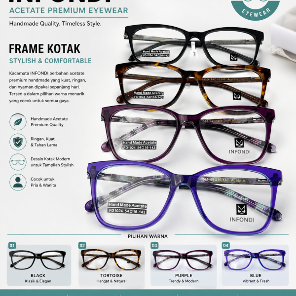 Kacamata INFONDI Acetate Premium – Frame Kotak Stylish Handmad