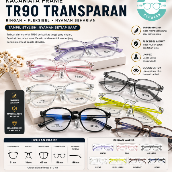 Kacamata Frame TR90 Transparan Premium – Ringan, Stylish & Nyaman Seharian