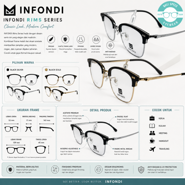 Kacamata  INFONDI Titanium – Rim Less Kotak Elegan Ultra Ringan