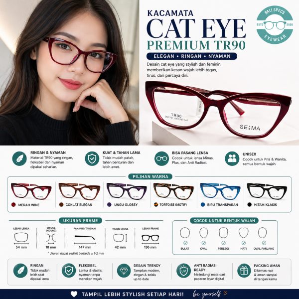 Kacamata Cat Eye Premium TR90 – Elegan, Ringan & Stylish Kekinian