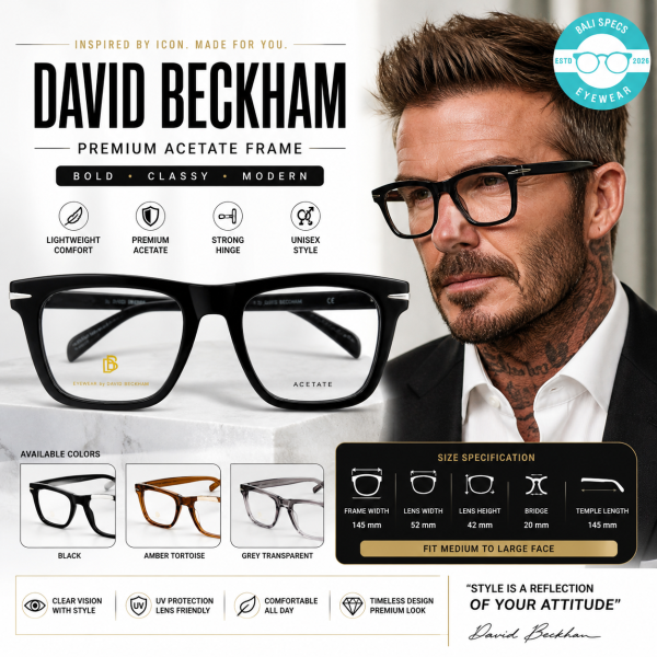 David Beckham Style Frame Premium Acetate – Bold Square Elegan & Masculine Look