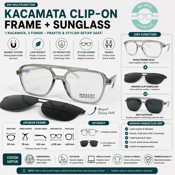 Kacamata Clip-On 2in1 – Frame + Sunglass Magnet Stylish UV Protection